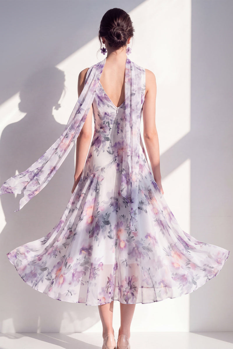 Load image into Gallery viewer, A Line V-Neck Blue Flower Beach Wedding Guest Dress