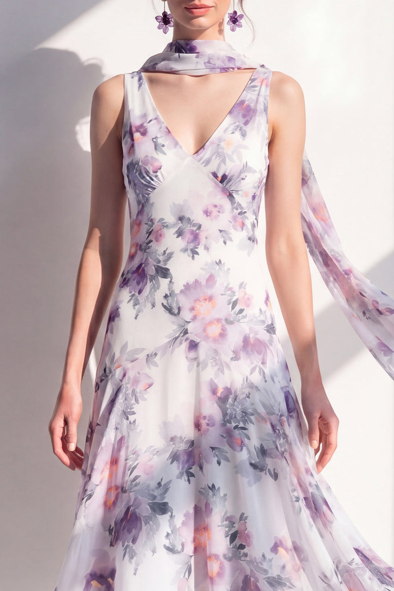 Load image into Gallery viewer, A Line V-Neck Blue Flower Beach Wedding Guest Dress