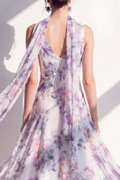 Load image into Gallery viewer, A Line V-Neck Blue Flower Beach Wedding Guest Dress