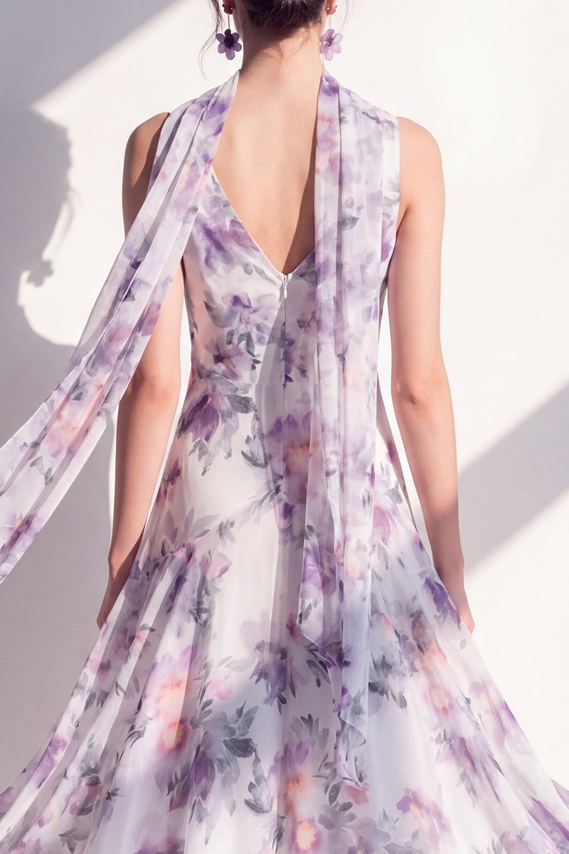 Load image into Gallery viewer, A Line V-Neck Blue Flower Beach Wedding Guest Dress