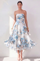 Load image into Gallery viewer, Strapless Orange Flower Ruched A Line Beach Wedding Guest Dress