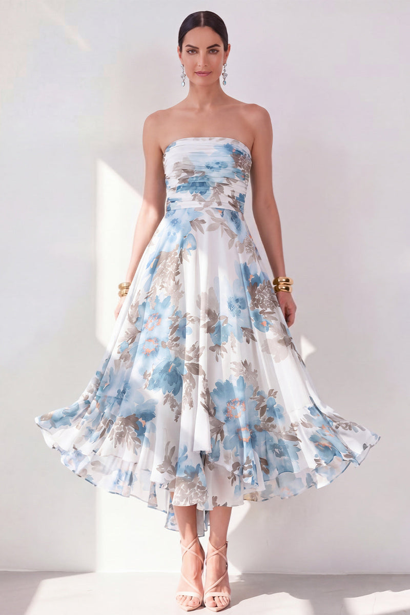 Load image into Gallery viewer, Strapless Orange Flower Ruched A Line Beach Wedding Guest Dress