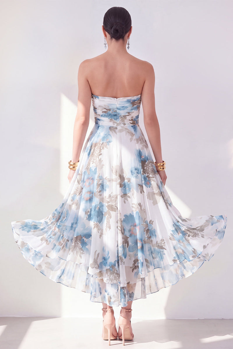 Load image into Gallery viewer, Strapless Orange Flower Ruched A Line Beach Wedding Guest Dress
