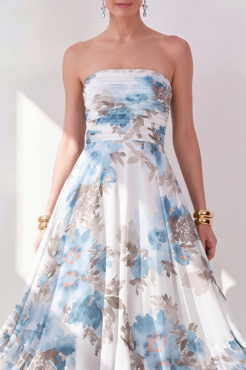 Load image into Gallery viewer, Strapless Orange Flower Ruched A Line Beach Wedding Guest Dress