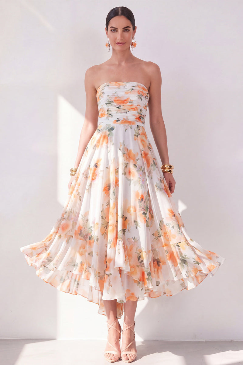Load image into Gallery viewer, Strapless Orange Flower Ruched A Line Beach Wedding Guest Dress