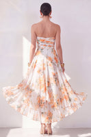 Load image into Gallery viewer, Strapless Orange Flower Ruched A Line Beach Wedding Guest Dress
