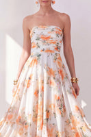 Load image into Gallery viewer, Strapless Orange Flower Ruched A Line Beach Wedding Guest Dress