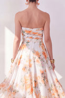 Load image into Gallery viewer, Strapless Orange Flower Ruched A Line Beach Wedding Guest Dress