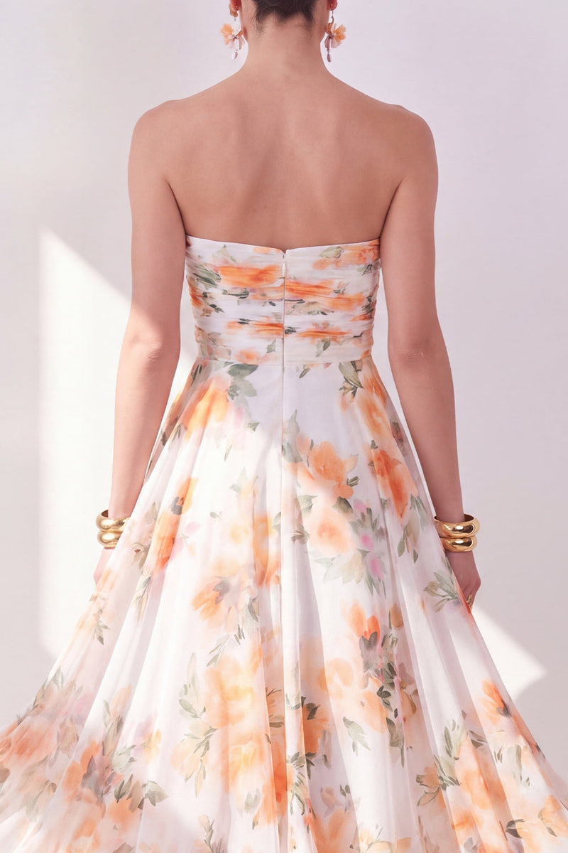 Load image into Gallery viewer, Strapless Orange Flower Ruched A Line Beach Wedding Guest Dress