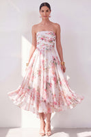Load image into Gallery viewer, Strapless Orange Flower Ruched A Line Beach Wedding Guest Dress
