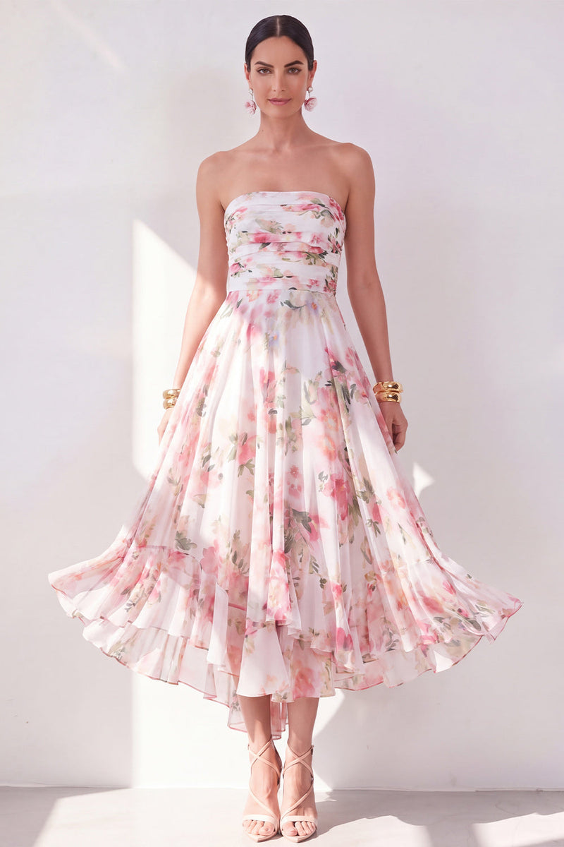 Load image into Gallery viewer, Strapless Orange Flower Ruched A Line Beach Wedding Guest Dress