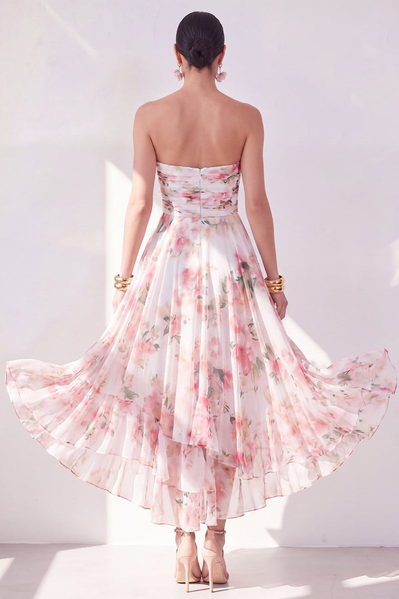 Load image into Gallery viewer, Strapless Orange Flower Ruched A Line Beach Wedding Guest Dress