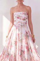 Load image into Gallery viewer, Strapless Orange Flower Ruched A Line Beach Wedding Guest Dress