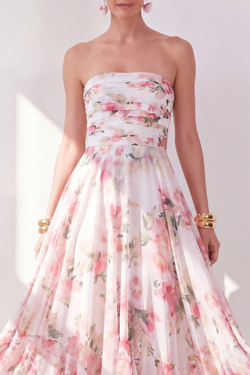 Load image into Gallery viewer, Strapless Orange Flower Ruched A Line Beach Wedding Guest Dress