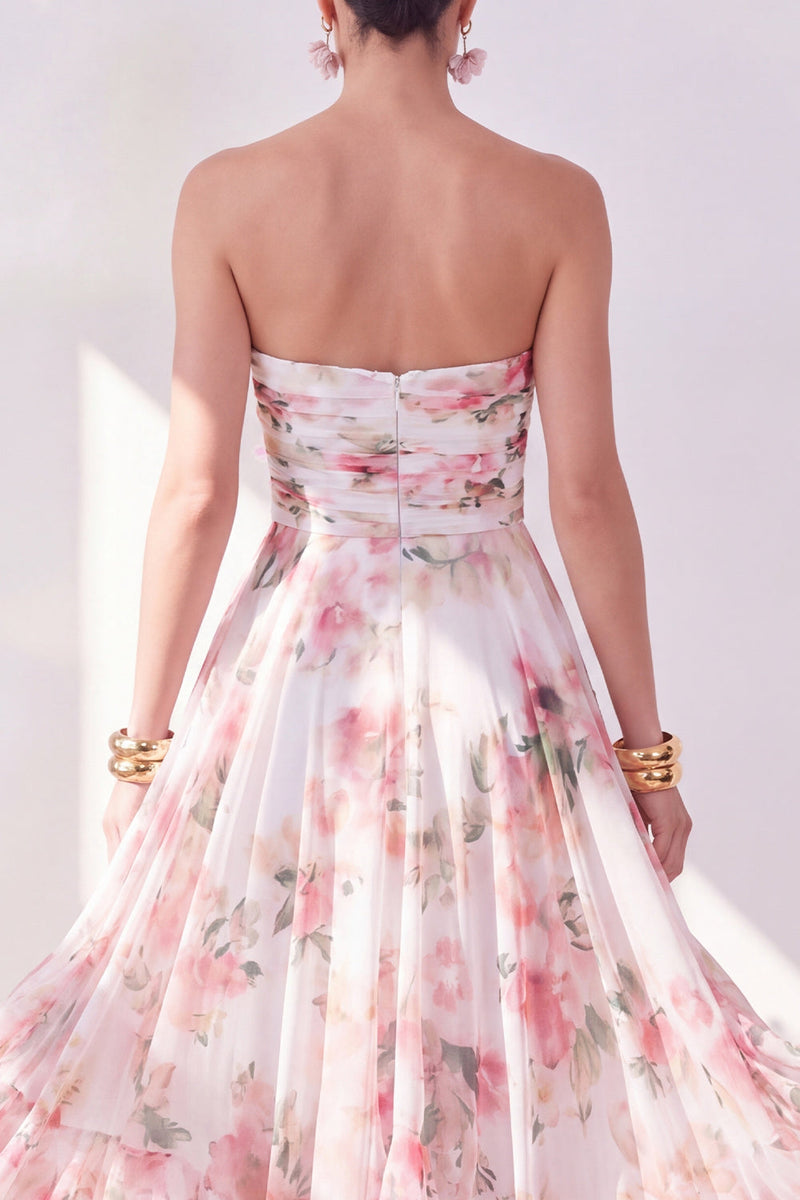Load image into Gallery viewer, Strapless Orange Flower Ruched A Line Beach Wedding Guest Dress