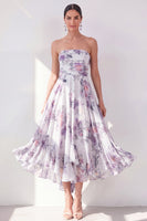 Load image into Gallery viewer, Strapless Orange Flower Ruched A Line Beach Wedding Guest Dress