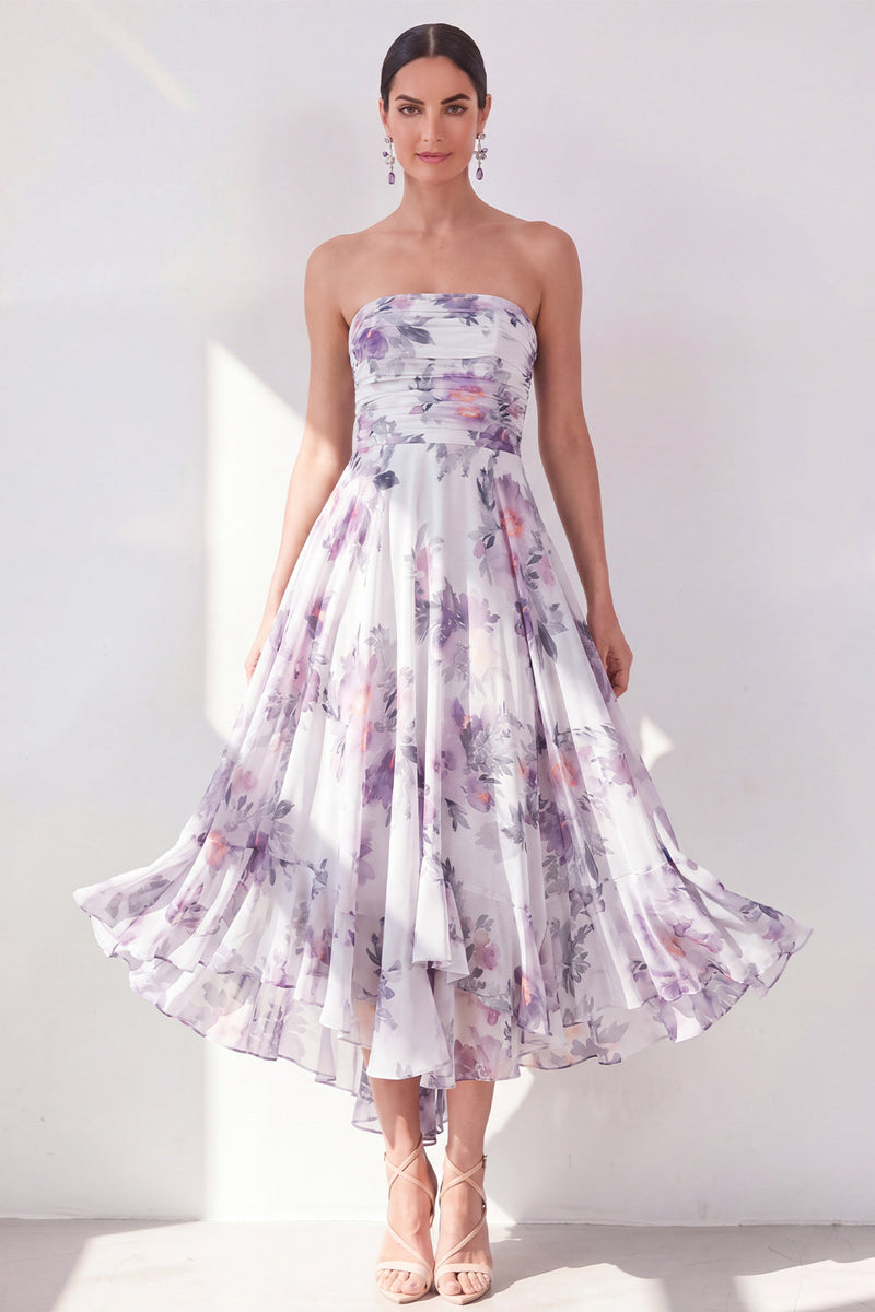 Load image into Gallery viewer, Strapless Orange Flower Ruched A Line Beach Wedding Guest Dress
