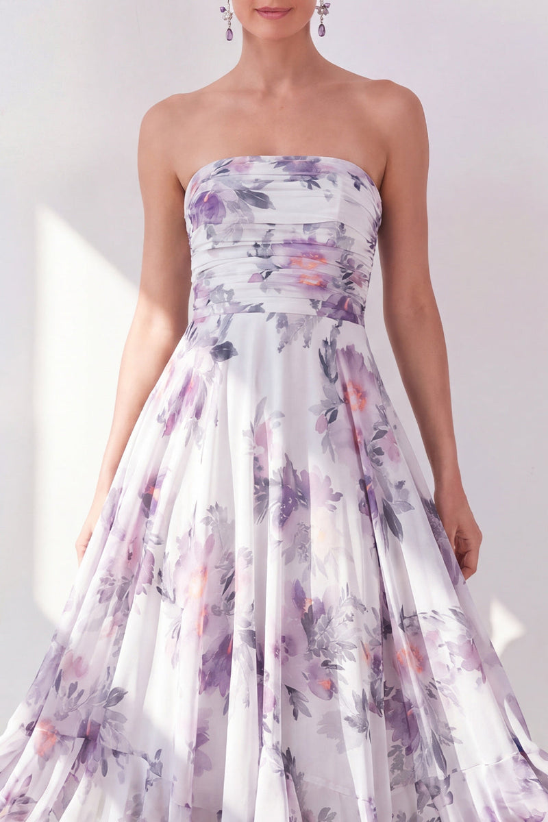 Load image into Gallery viewer, Strapless Orange Flower Ruched A Line Beach Wedding Guest Dress