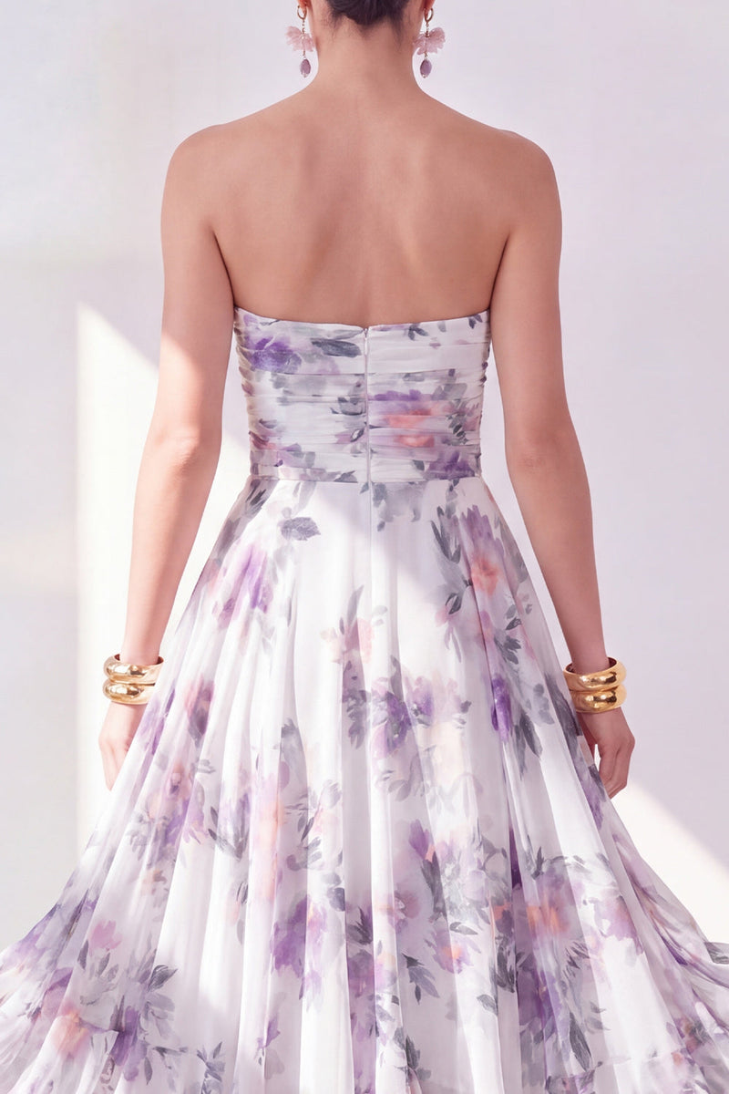 Load image into Gallery viewer, Strapless Orange Flower Ruched A Line Beach Wedding Guest Dress