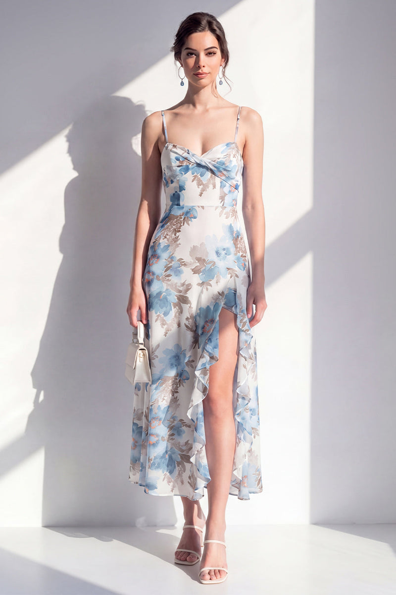 Load image into Gallery viewer, Pink Flower Sheath Beach Ruffled Wedding Guest Dress with Slit