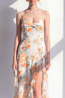 Load image into Gallery viewer, Pink Flower Sheath Beach Ruffled Wedding Guest Dress with Slit