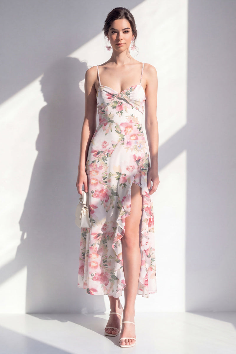 Load image into Gallery viewer, Pink Flower Sheath Beach Ruffled Wedding Guest Dress with Slit