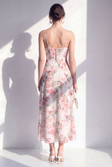 Pink Flower Sheath Beach Ruffled Wedding Guest Dress with Slit