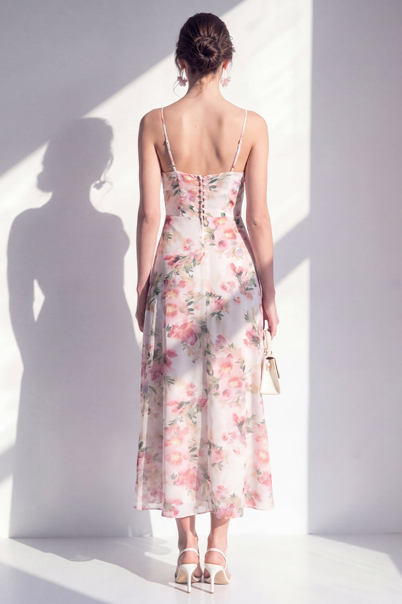 Load image into Gallery viewer, Pink Flower Sheath Beach Ruffled Wedding Guest Dress with Slit