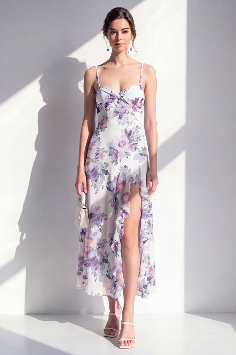 Load image into Gallery viewer, Pink Flower Sheath Beach Ruffled Wedding Guest Dress with Slit