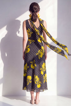 Sheath Black Yellow Flower Polka Dots Maxi Beach Wedding Guest Dress