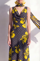 Load image into Gallery viewer, Sheath Black Yellow Flower Polka Dots Maxi Beach Wedding Guest Dress