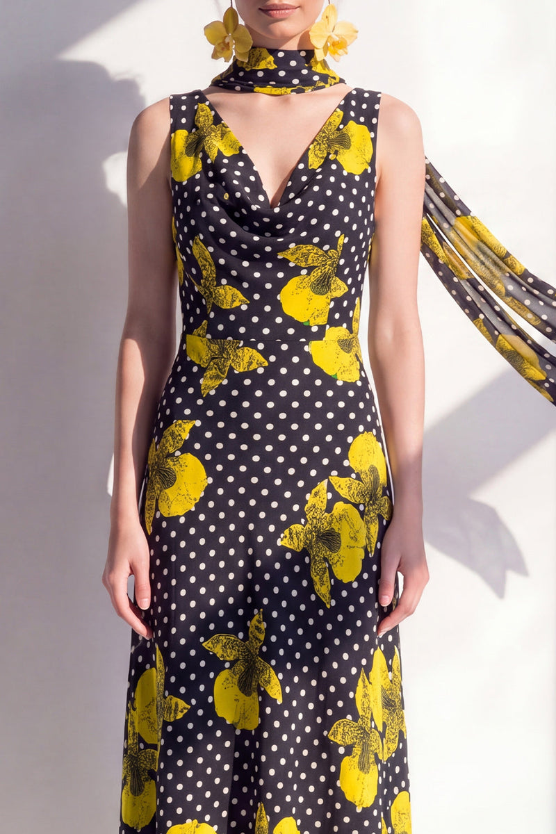Load image into Gallery viewer, Sheath Black Yellow Flower Polka Dots Maxi Beach Wedding Guest Dress