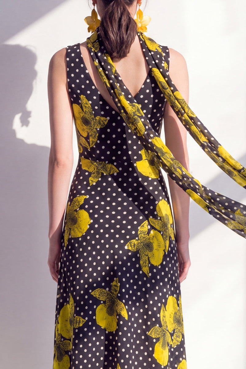 Load image into Gallery viewer, Sheath Black Yellow Flower Polka Dots Maxi Beach Wedding Guest Dress