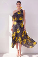 Load image into Gallery viewer, Black Yellow Flower Polka Dots A Line Maxi Beach Wedding Guest Dress