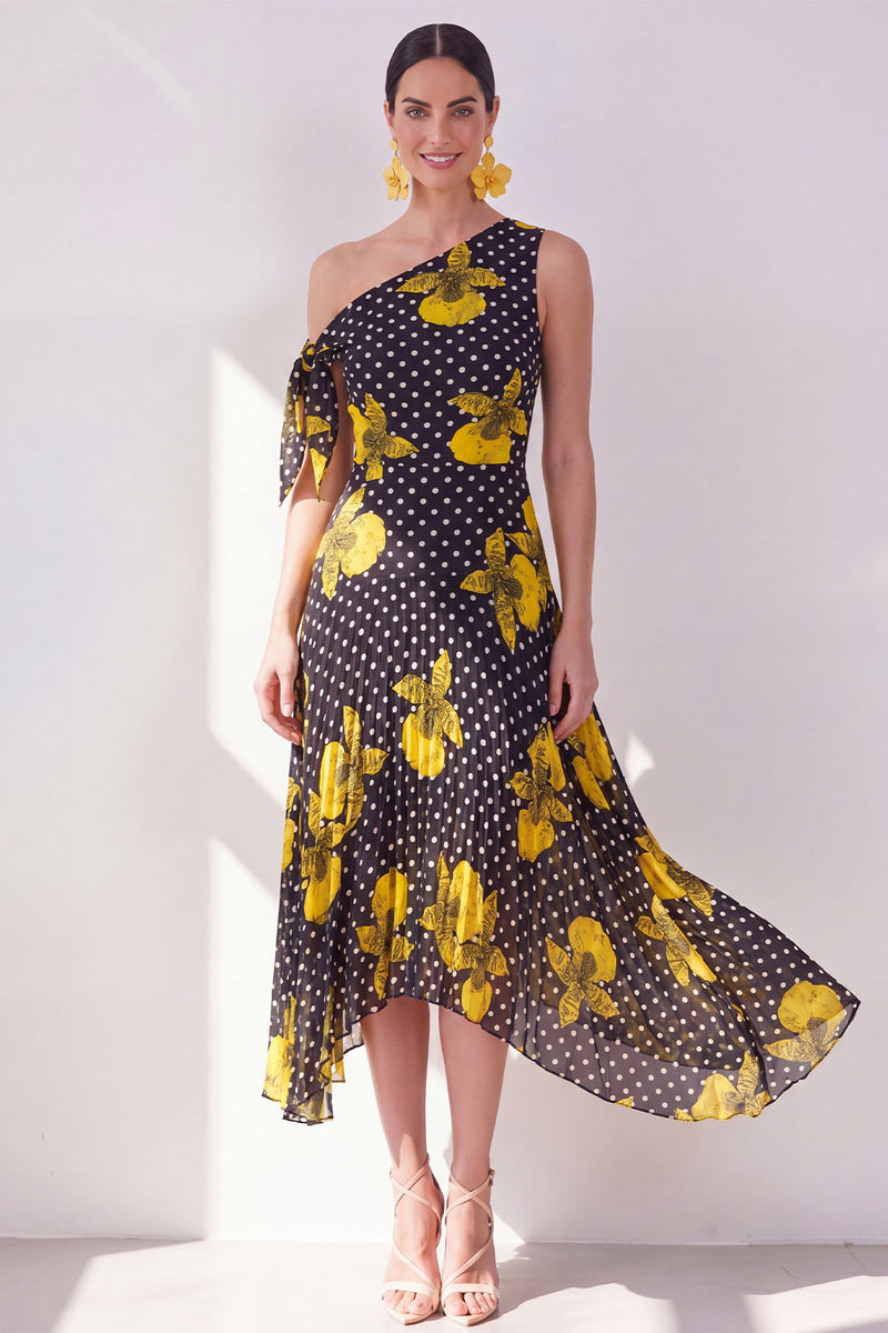 Load image into Gallery viewer, Black Yellow Flower Polka Dots A Line Maxi Beach Wedding Guest Dress