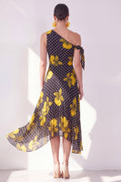 Load image into Gallery viewer, Black Yellow Flower Polka Dots A Line Maxi Beach Wedding Guest Dress