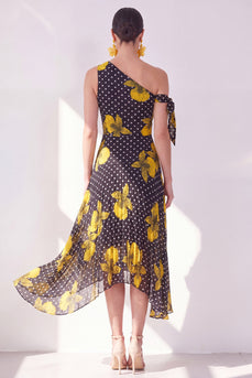 Black Yellow Flower Polka Dots A Line Maxi Beach Wedding Guest Dress