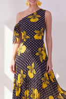 Load image into Gallery viewer, Black Yellow Flower Polka Dots A Line Maxi Beach Wedding Guest Dress