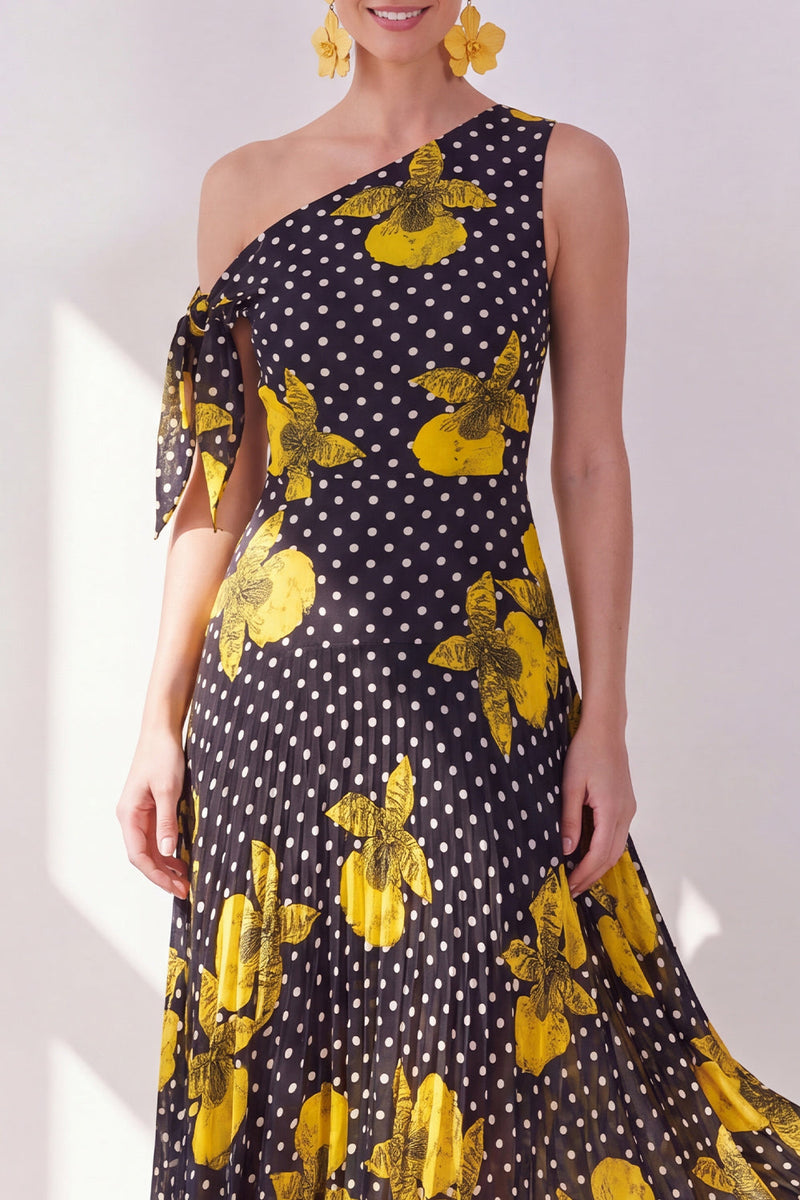 Load image into Gallery viewer, Black Yellow Flower Polka Dots A Line Maxi Beach Wedding Guest Dress