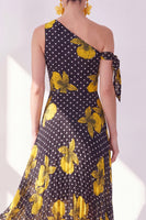 Load image into Gallery viewer, Black Yellow Flower Polka Dots A Line Maxi Beach Wedding Guest Dress