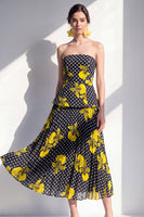 Load image into Gallery viewer, Black Yellow Flower Polka Dots A Line Maxi Beach Wedding Guest Dress