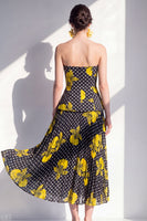 Load image into Gallery viewer, Black Yellow Flower Polka Dots A Line Maxi Beach Wedding Guest Dress