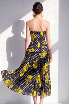 Black Yellow Flower Polka Dots A Line Maxi Beach Wedding Guest Dress