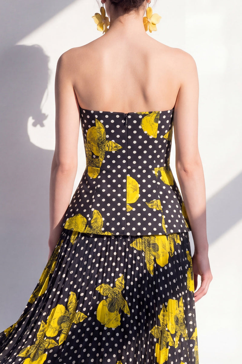 Load image into Gallery viewer, Black Yellow Flower Polka Dots A Line Maxi Beach Wedding Guest Dress