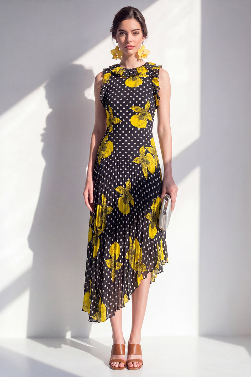 Load image into Gallery viewer, Sheath Maxi Beach Black Yellow Flower Polka Dots Wedding Guest Dress with Ruffles