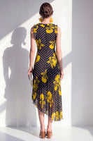 Load image into Gallery viewer, Sheath Maxi Beach Black Yellow Flower Polka Dots Wedding Guest Dress with Ruffles