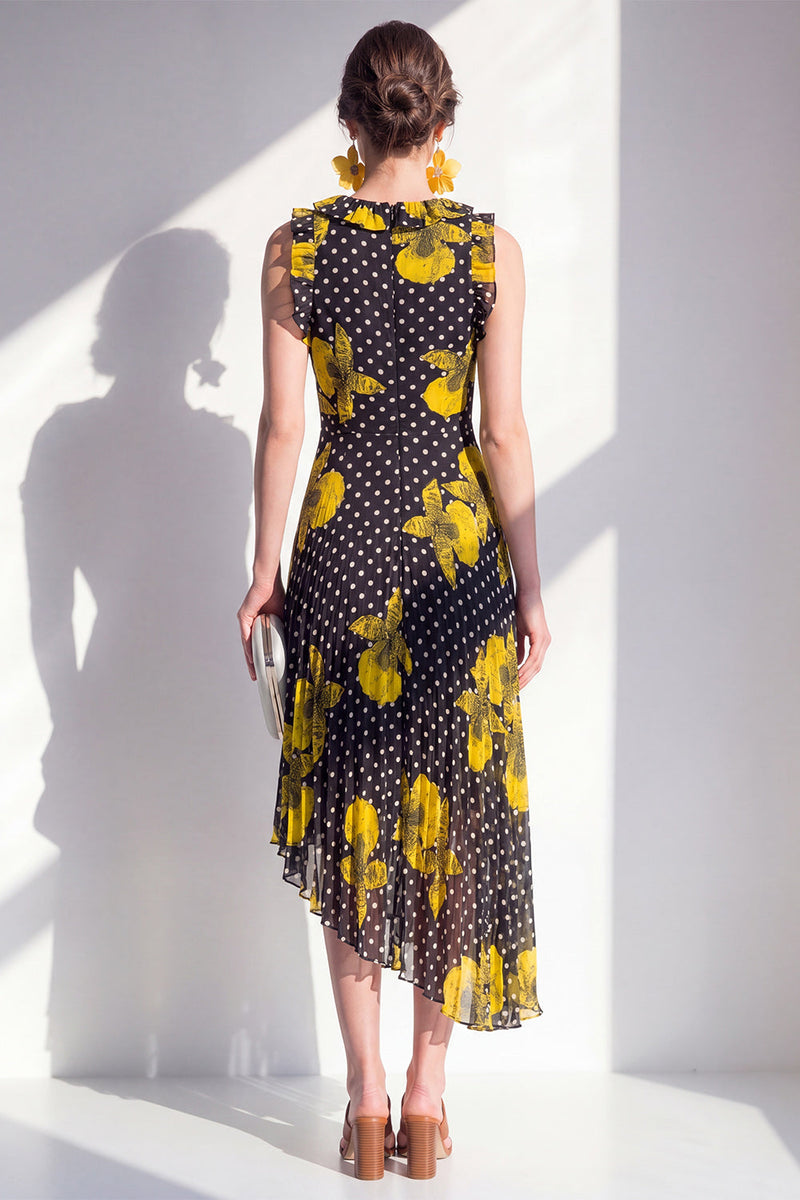 Load image into Gallery viewer, Sheath Maxi Beach Black Yellow Flower Polka Dots Wedding Guest Dress with Ruffles