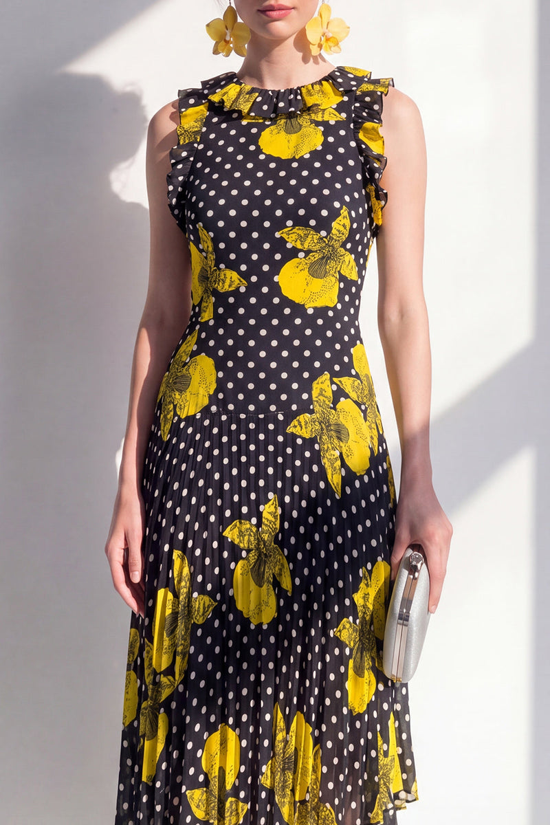 Load image into Gallery viewer, Sheath Maxi Beach Black Yellow Flower Polka Dots Wedding Guest Dress with Ruffles