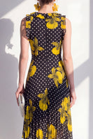 Load image into Gallery viewer, Sheath Maxi Beach Black Yellow Flower Polka Dots Wedding Guest Dress with Ruffles