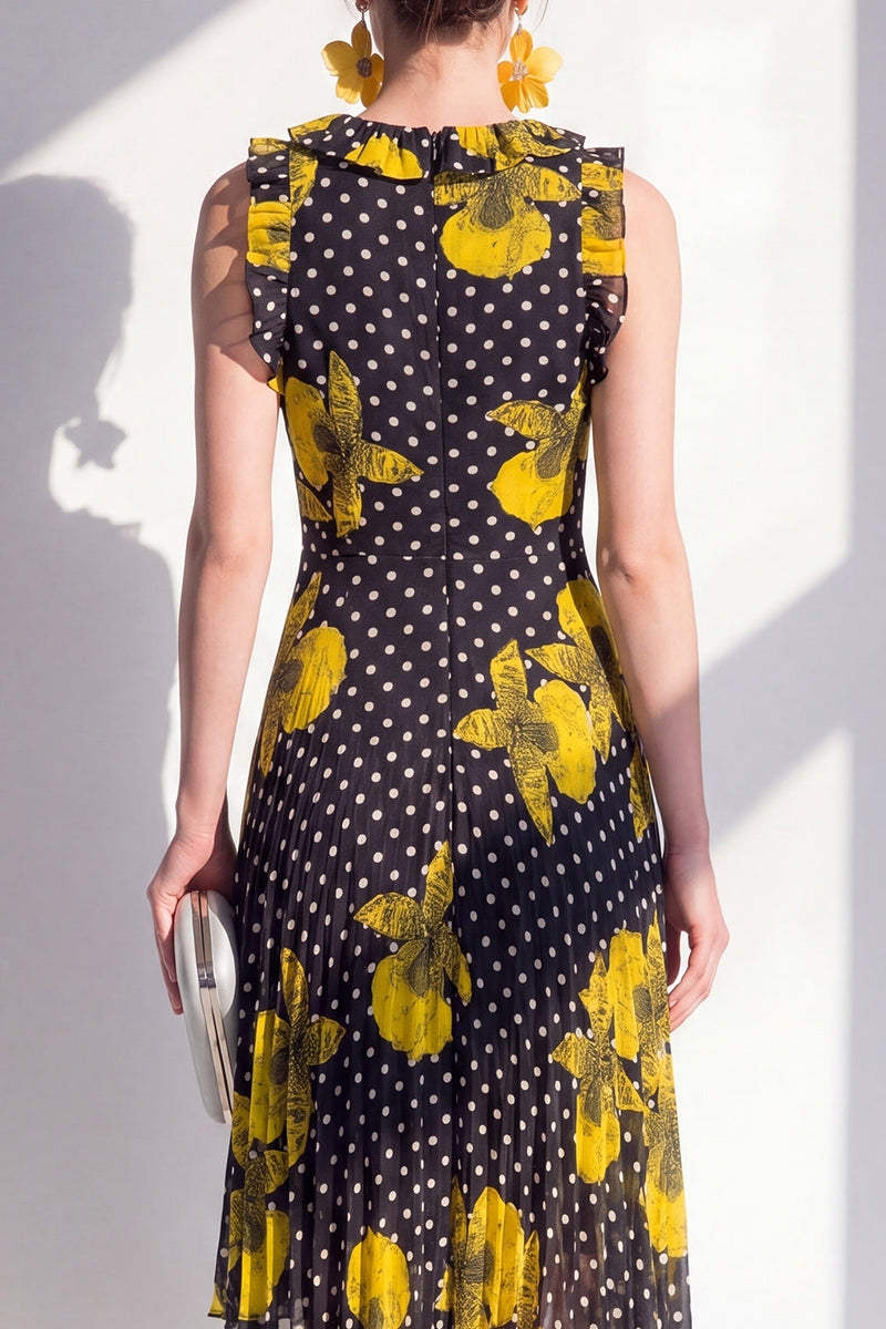 Load image into Gallery viewer, Sheath Maxi Beach Black Yellow Flower Polka Dots Wedding Guest Dress with Ruffles